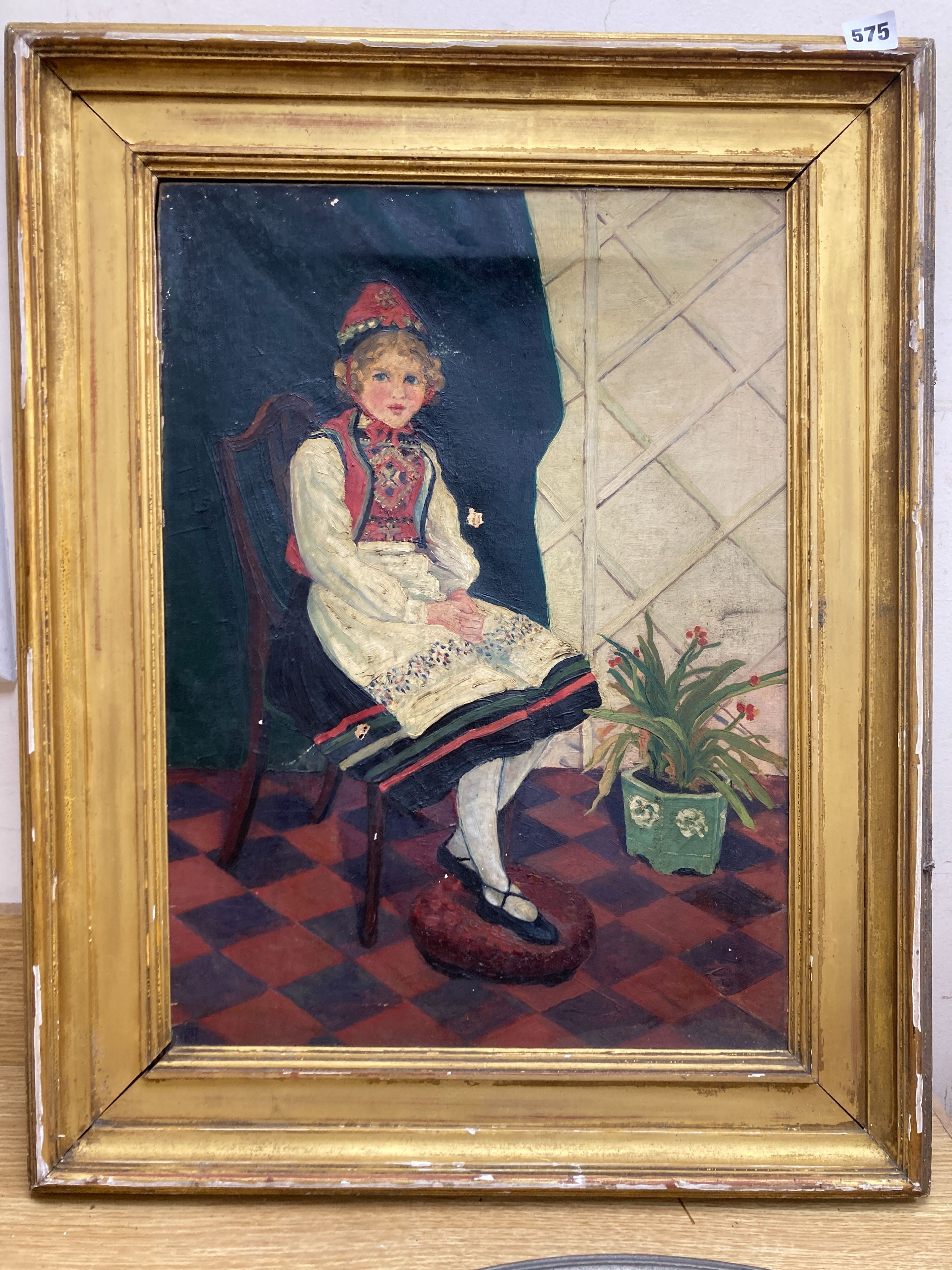 Catherine Parsons oil on canvas, The Fancy Dress, label verso, 55 x 40cm.